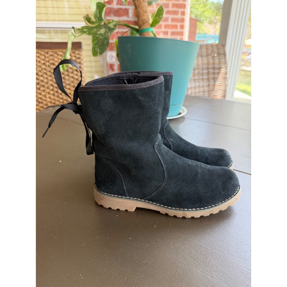 UGG Black Suede Ribbon Back Lace Up Zip Boots 1100176K Lug Sole Womens 5